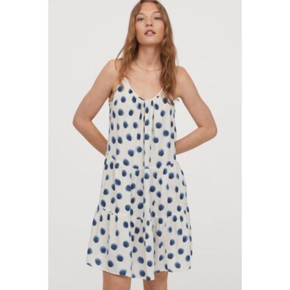 H&M, Blue & White Dot Tiered Swing Mini Dress, S Easy Summer